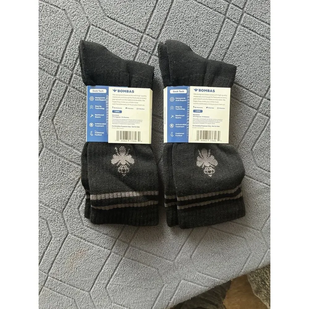 Bombas Men’s Large Black Crew Socks 2 Pairs Cushioned Arch Support